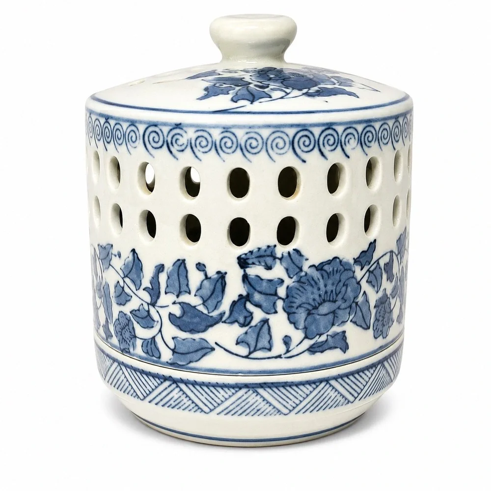 Vintage Blue White Porcelain Reticulated Chinoiserie Candle Warmer Potpourri Jar